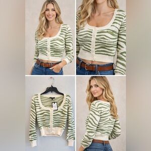 Papermoon Green and Cream Zebra-Print Scoop Cardigan
